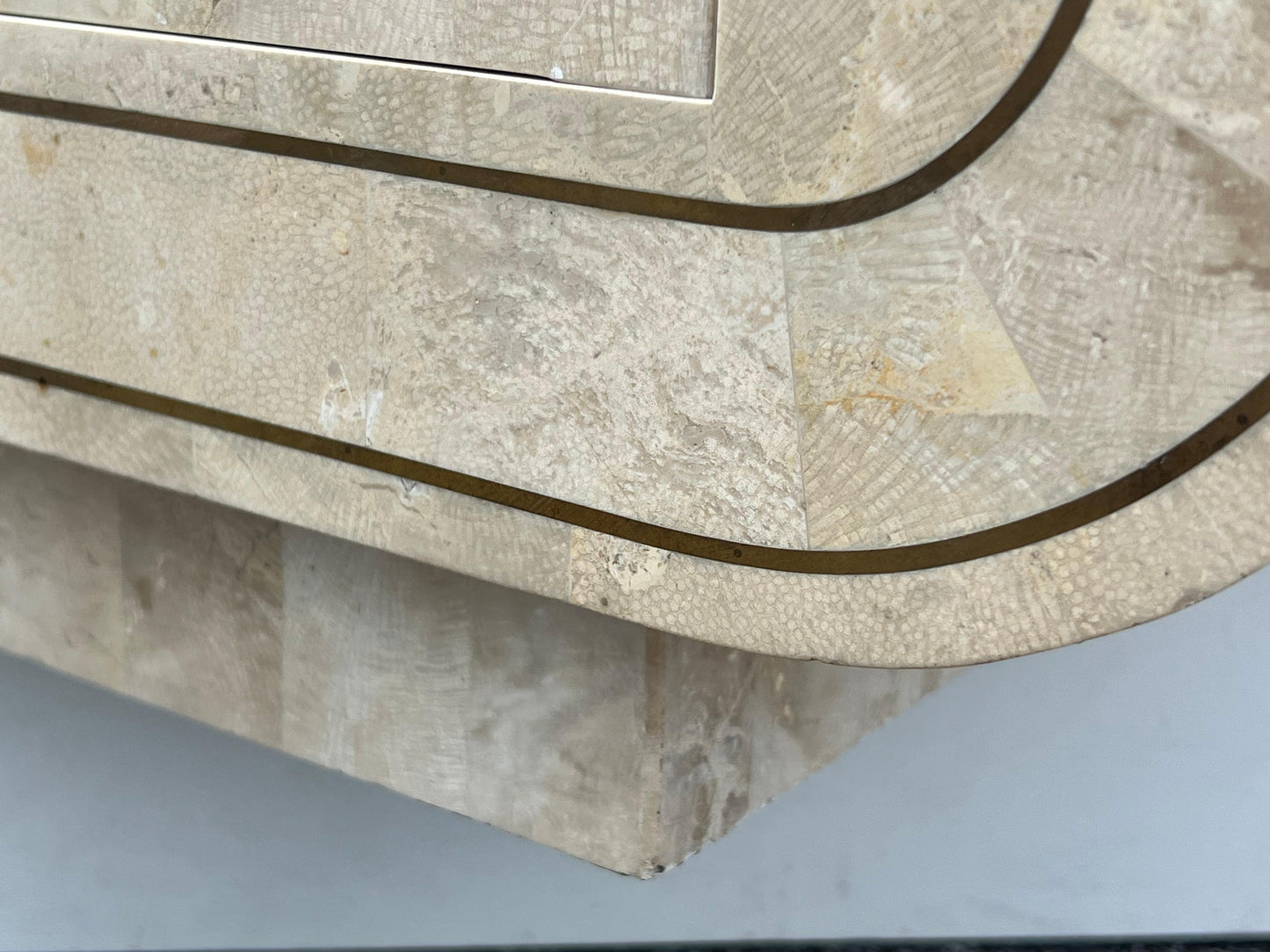 Frisman Vintage Maitland Smith Tessellated Stone Rounded Credenza with Brass Detailing Ca' 1980'