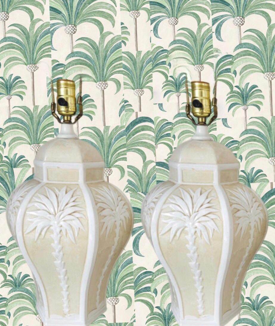 Frisman Vintage Pair Vintage Palm Beach Regency Dorothy Draper Isp Raised Palm Tree Ceramic Lamp