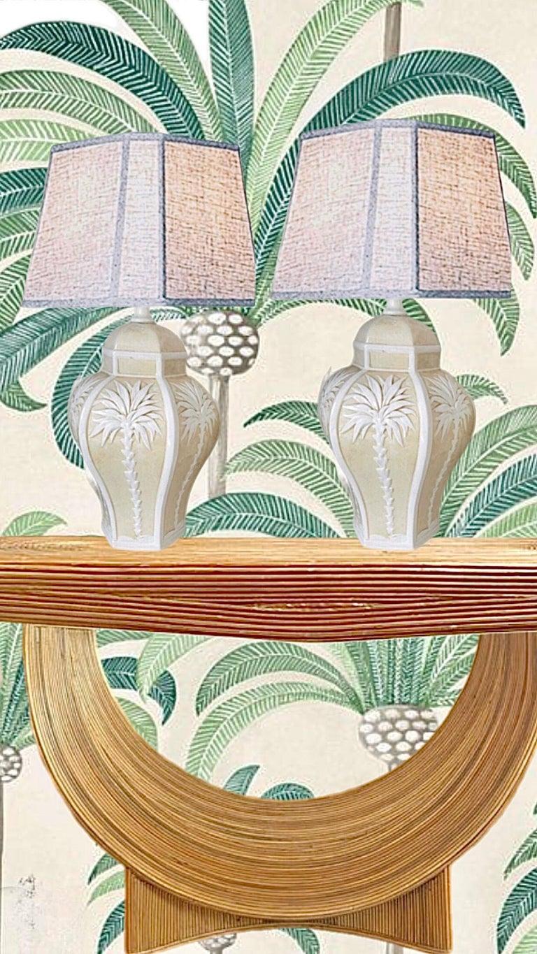 Frisman Vintage Pair Vintage Palm Beach Regency Dorothy Draper Isp Raised Palm Tree Ceramic Lamp
