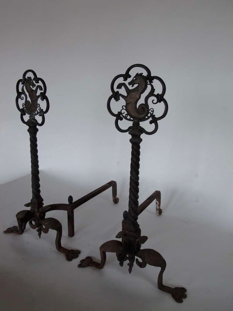 Frisman Vintage A Pair Of Sea Horse Andirons by Oscar Bach