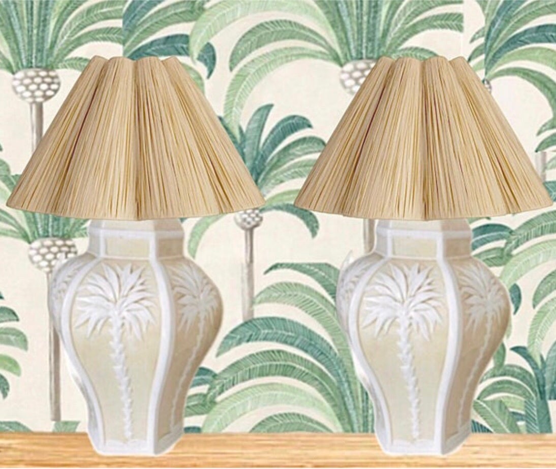 Frisman Vintage Pair Vintage Palm Beach Regency Dorothy Draper Isp Raised Palm Tree Ceramic Lamp