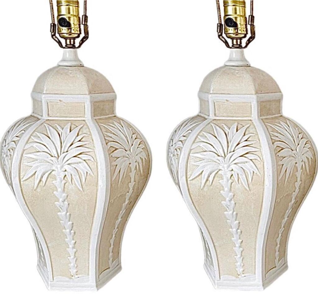 Frisman Vintage Pair Vintage Palm Beach Regency Dorothy Draper Isp Raised Palm Tree Ceramic Lamp