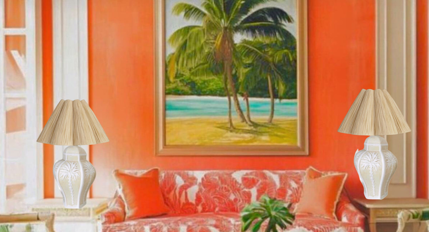 Frisman Vintage Pair Vintage Palm Beach Regency Dorothy Draper Isp Raised Palm Tree Ceramic Lamp