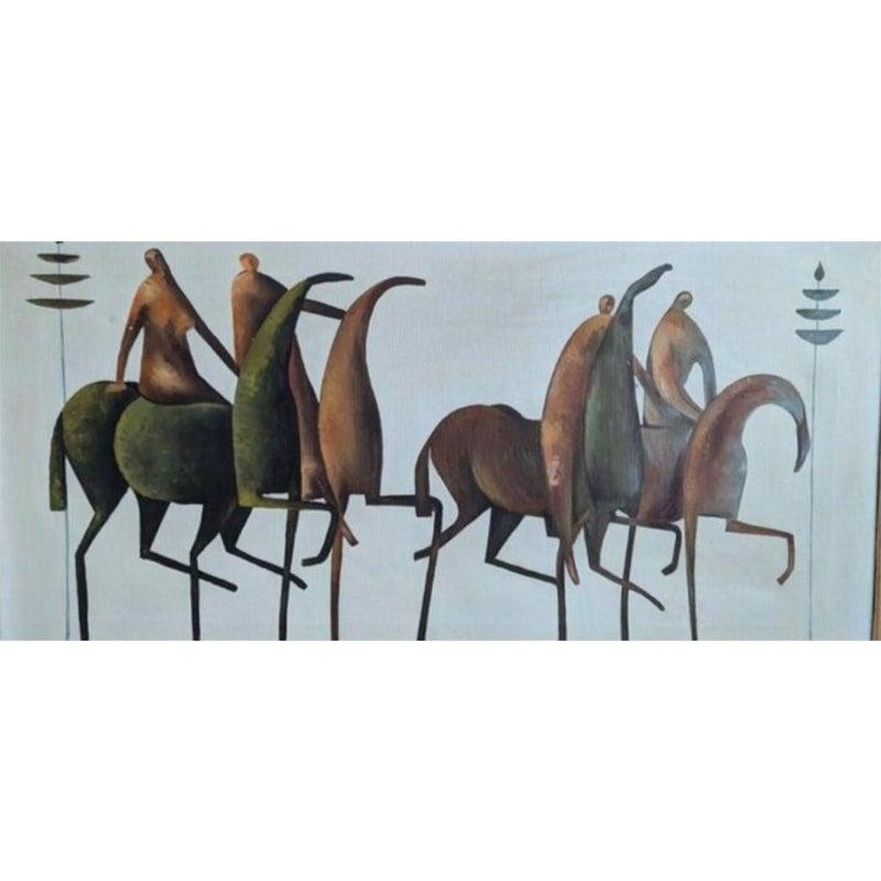 Frisman Vintage Original Mid Century Modern Etruscan Horse Warriors Bayuex Stareck Style Framed