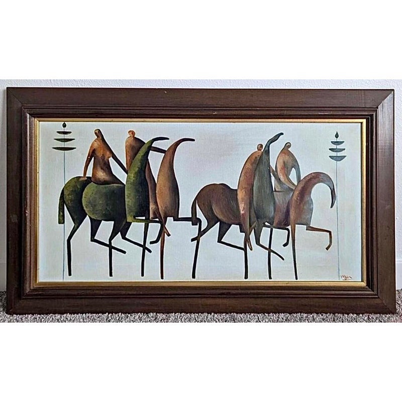 Frisman Vintage Original Mid Century Modern Etruscan Horse Warriors Bayuex Stareck Style Framed
