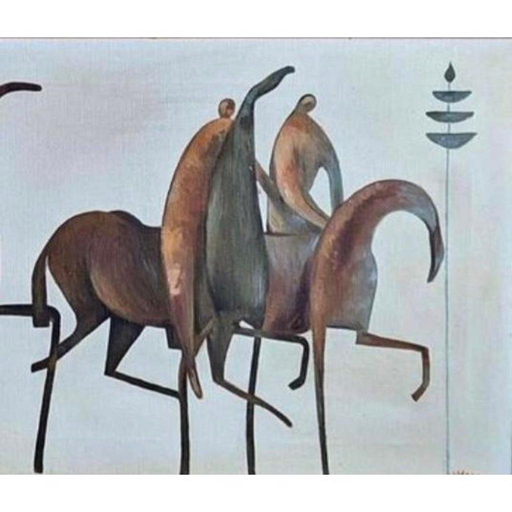 Frisman Vintage Original Mid Century Modern Etruscan Horse Warriors Bayuex Stareck Style Framed