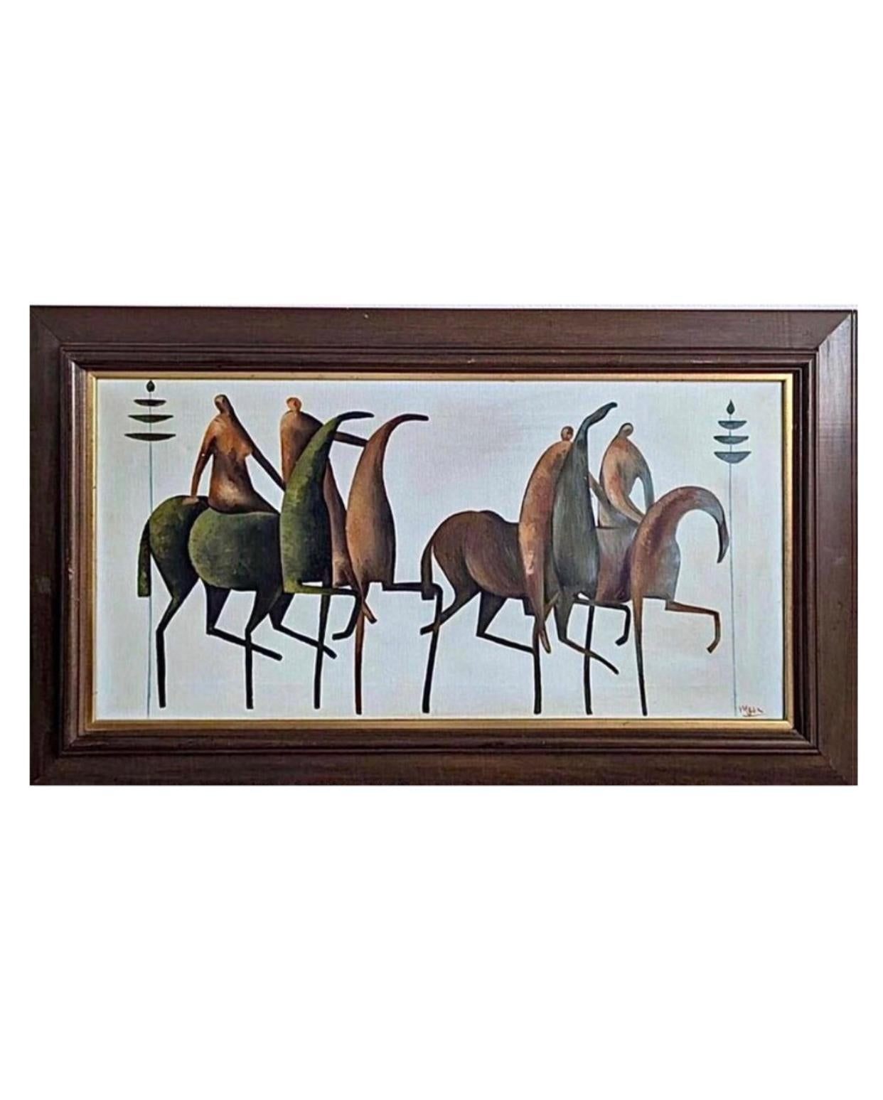 Frisman Vintage Original Mid Century Modern Etruscan Horse Warriors Bayuex Stareck Style Framed