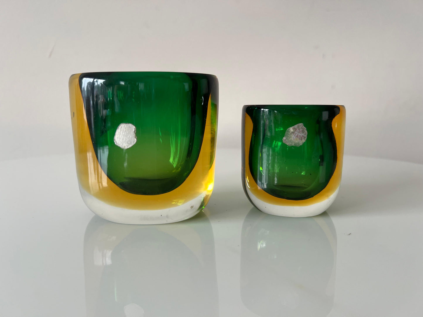 Frisman Vintage Two Glass Vases Sommerso ca' 1950's Green Amber