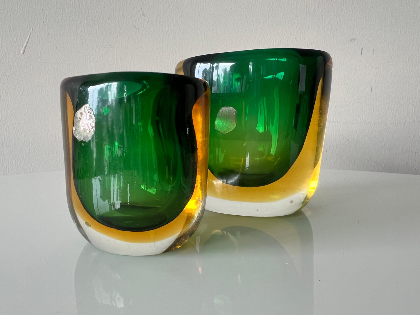 Frisman Vintage Two Glass Vases Sommerso ca' 1950's Green Amber