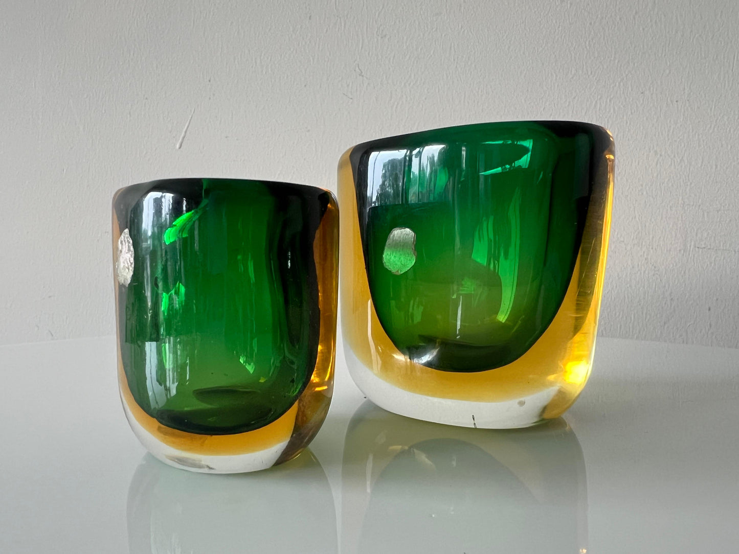 Frisman Vintage Two Glass Vases Sommerso ca' 1950's Green Amber