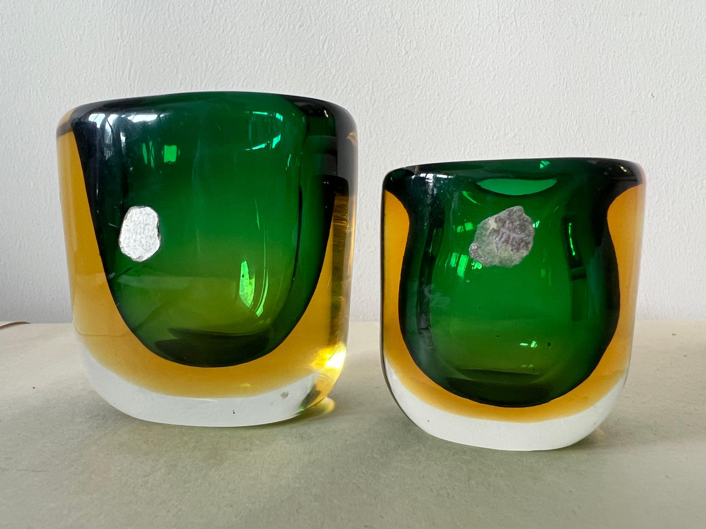 Frisman Vintage Two Glass Vases Sommerso ca' 1950's Green Amber