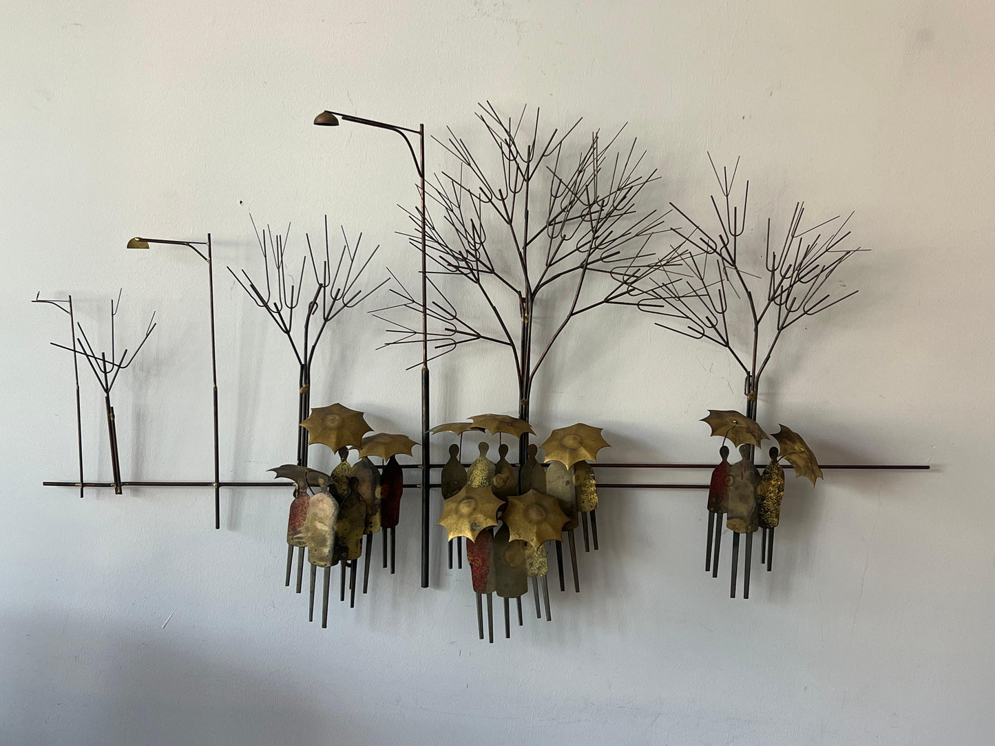 Frisman Vintage A Curtis Jere Brass Sculpture Umbrellas And People ca' 1970's
