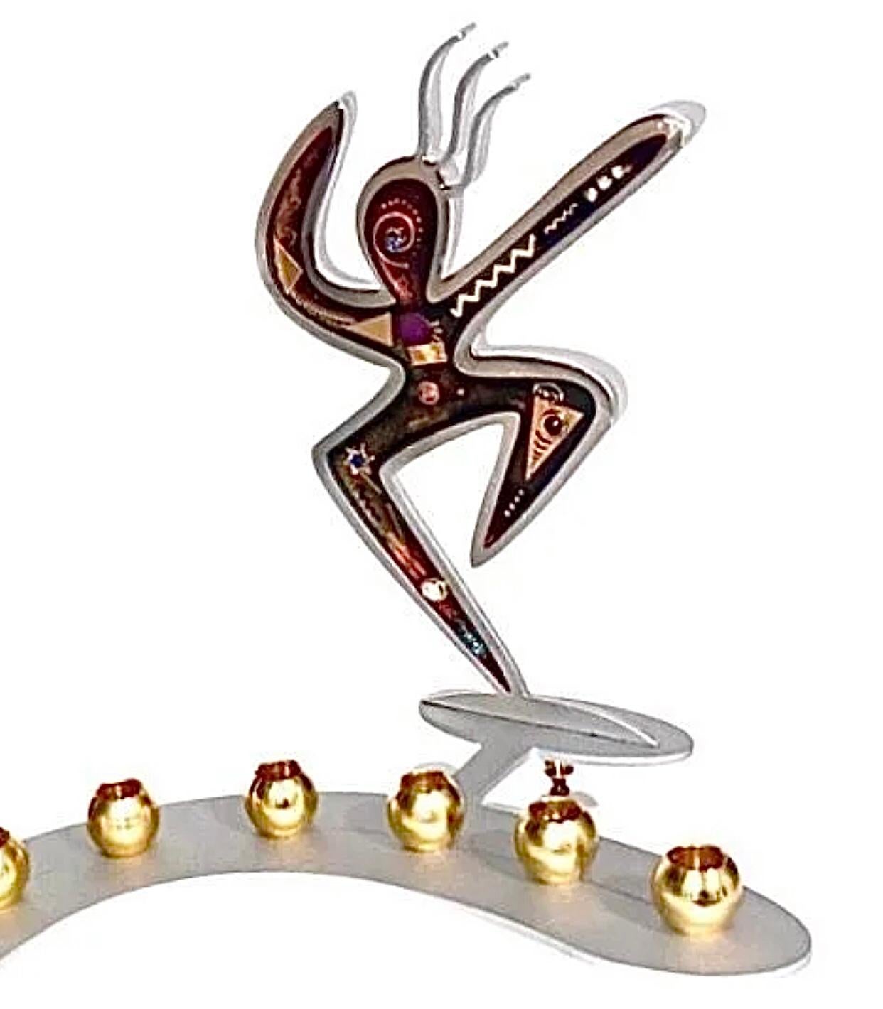 Frisman Vintage 80s Handmade Vintage Postmodern Memphis Aluminum & Inlaid Abstract Menorah