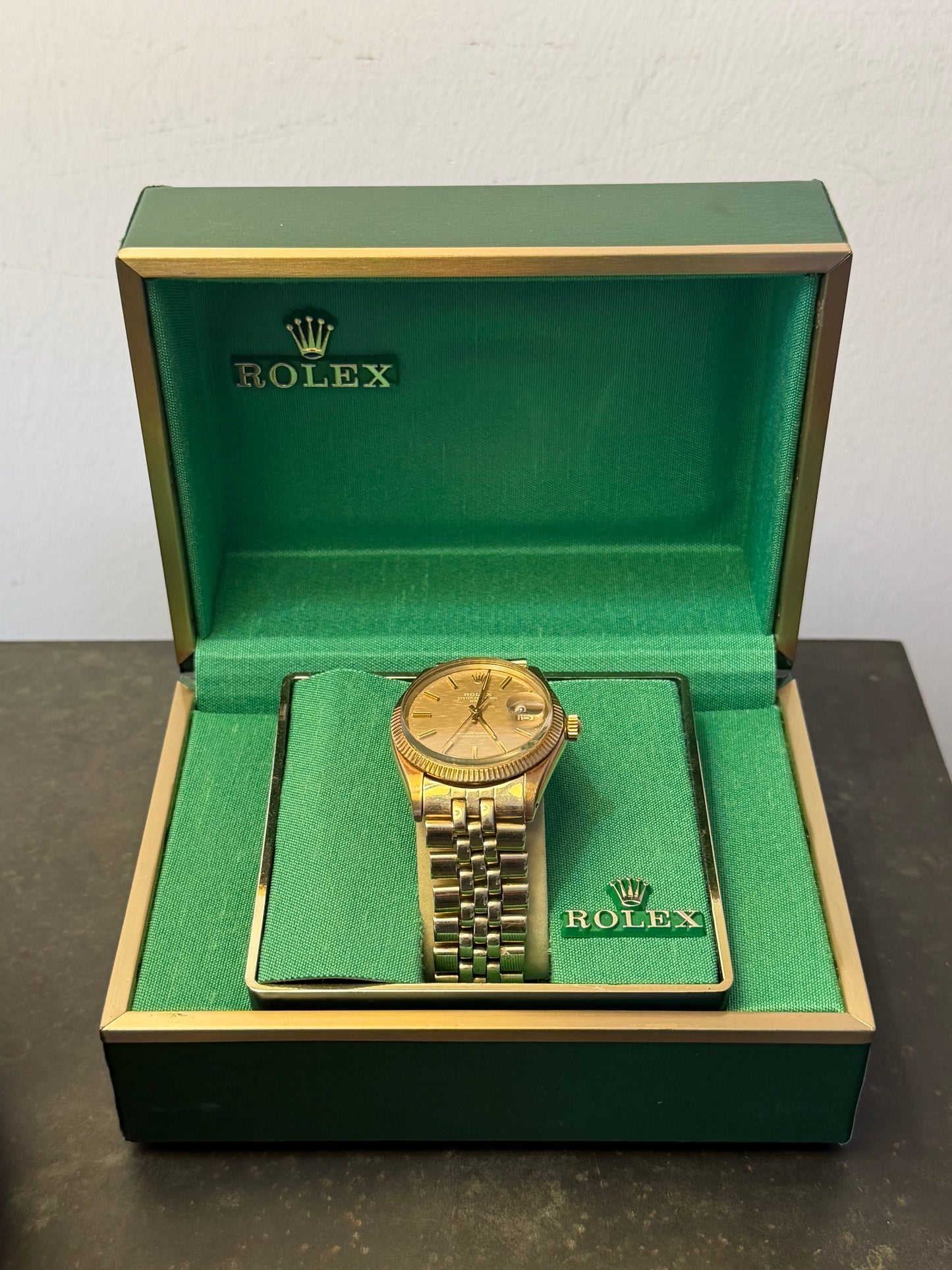Frisman Vintage Rolex OP Date 14k Yellow Gold With Jubilee Bracelet Shantung Dial 1973 Rare!