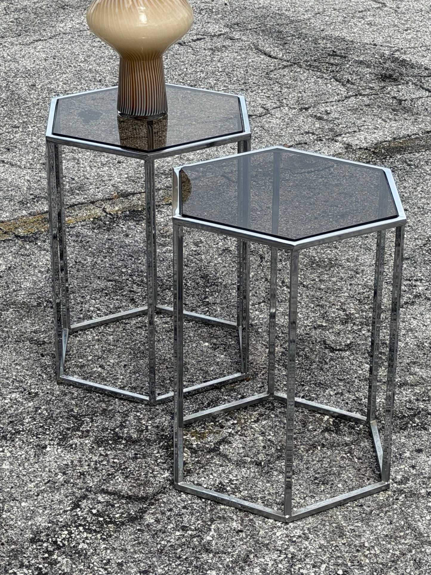 Frisman Vintage A Pair Of Hexagonal Tables Chrome And Smoked Glass 1970's Vintage Pedestals