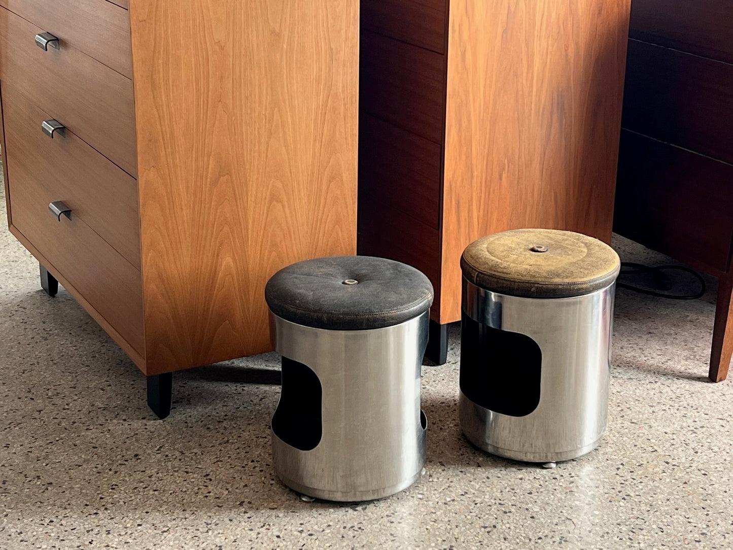 Frisman Vintage Pair of Italian Brushed Steel and Leather Upholstered Stools 1970's