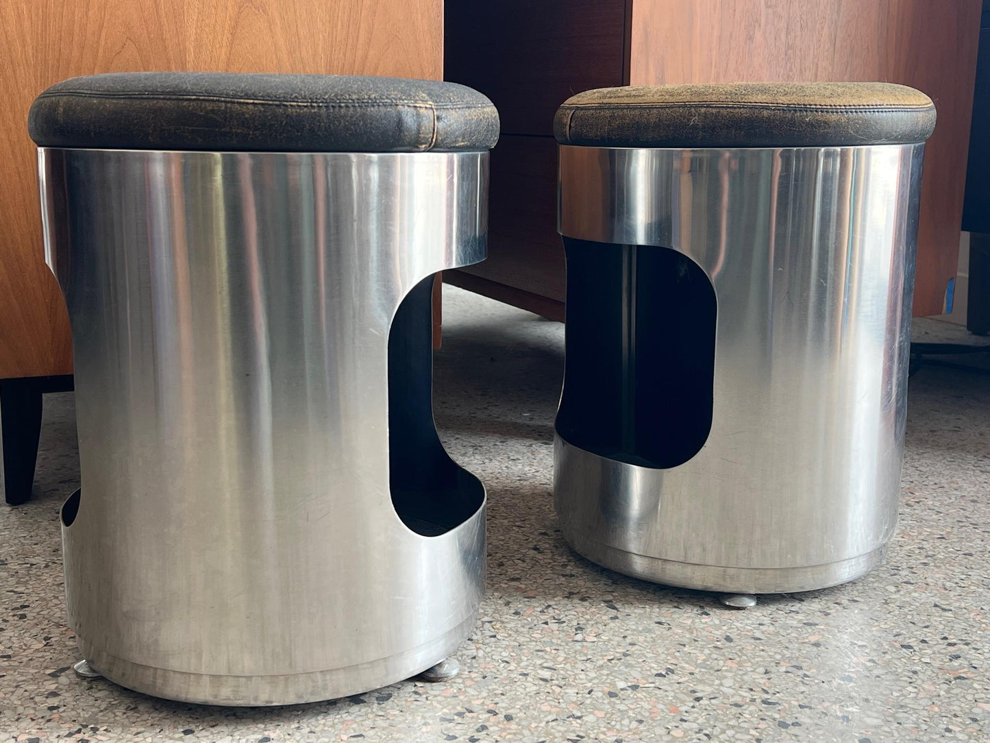 Frisman Vintage Pair of Italian Brushed Steel and Leather Upholstered Stools 1970's