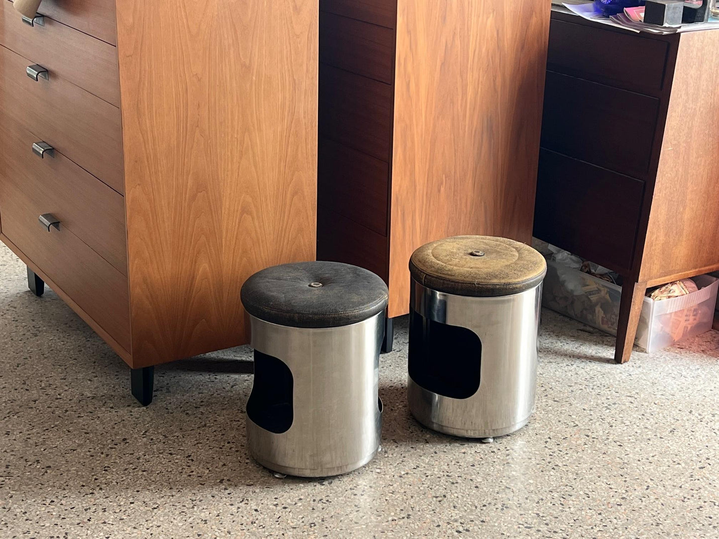 Frisman Vintage Pair of Italian Brushed Steel and Leather Upholstered Stools 1970's