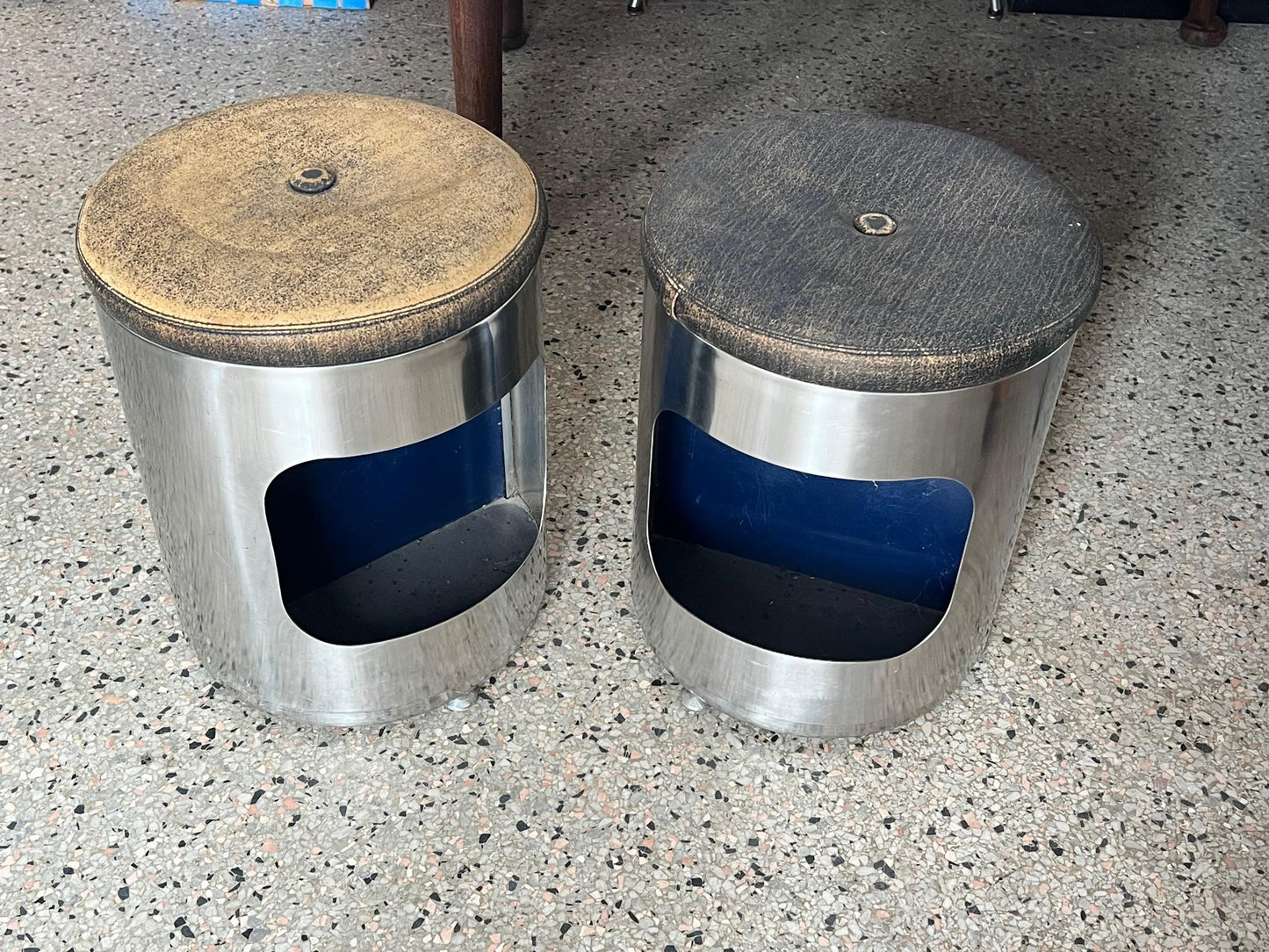 Frisman Vintage Pair of Italian Brushed Steel and Leather Upholstered Stools 1970's