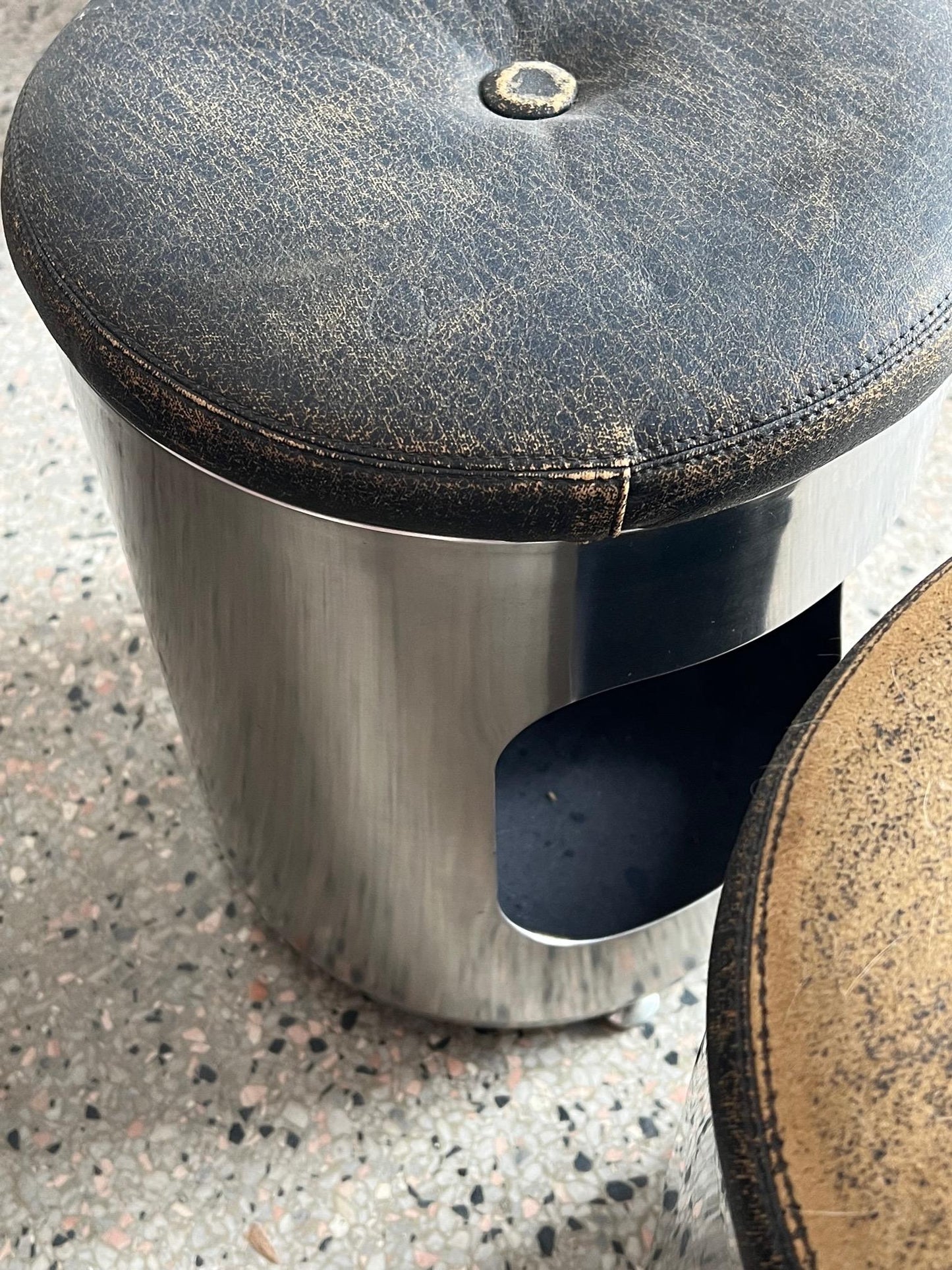 Frisman Vintage Pair of Italian Brushed Steel and Leather Upholstered Stools 1970's
