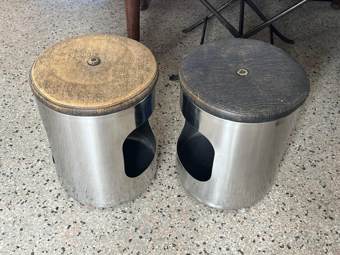 Frisman Vintage Pair of Italian Brushed Steel and Leather Upholstered Stools 1970's