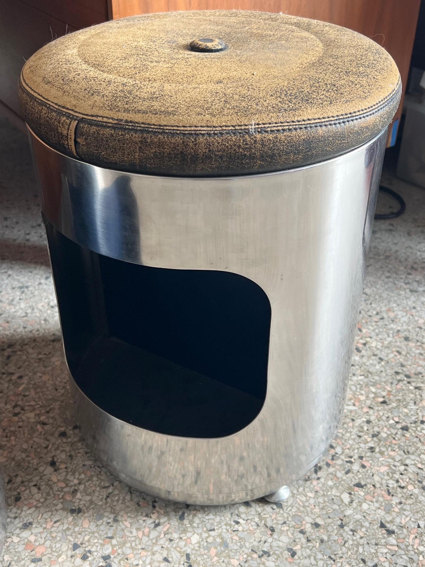 Frisman Vintage Pair of Italian Brushed Steel and Leather Upholstered Stools 1970's