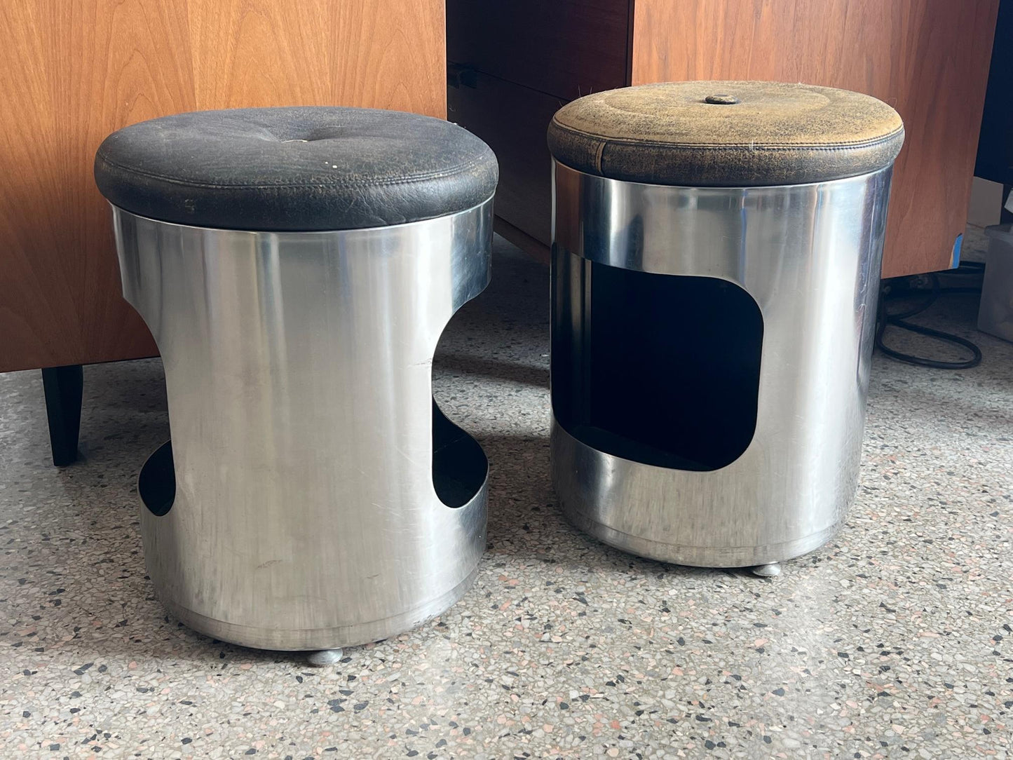 Frisman Vintage Pair of Italian Brushed Steel and Leather Upholstered Stools 1970's