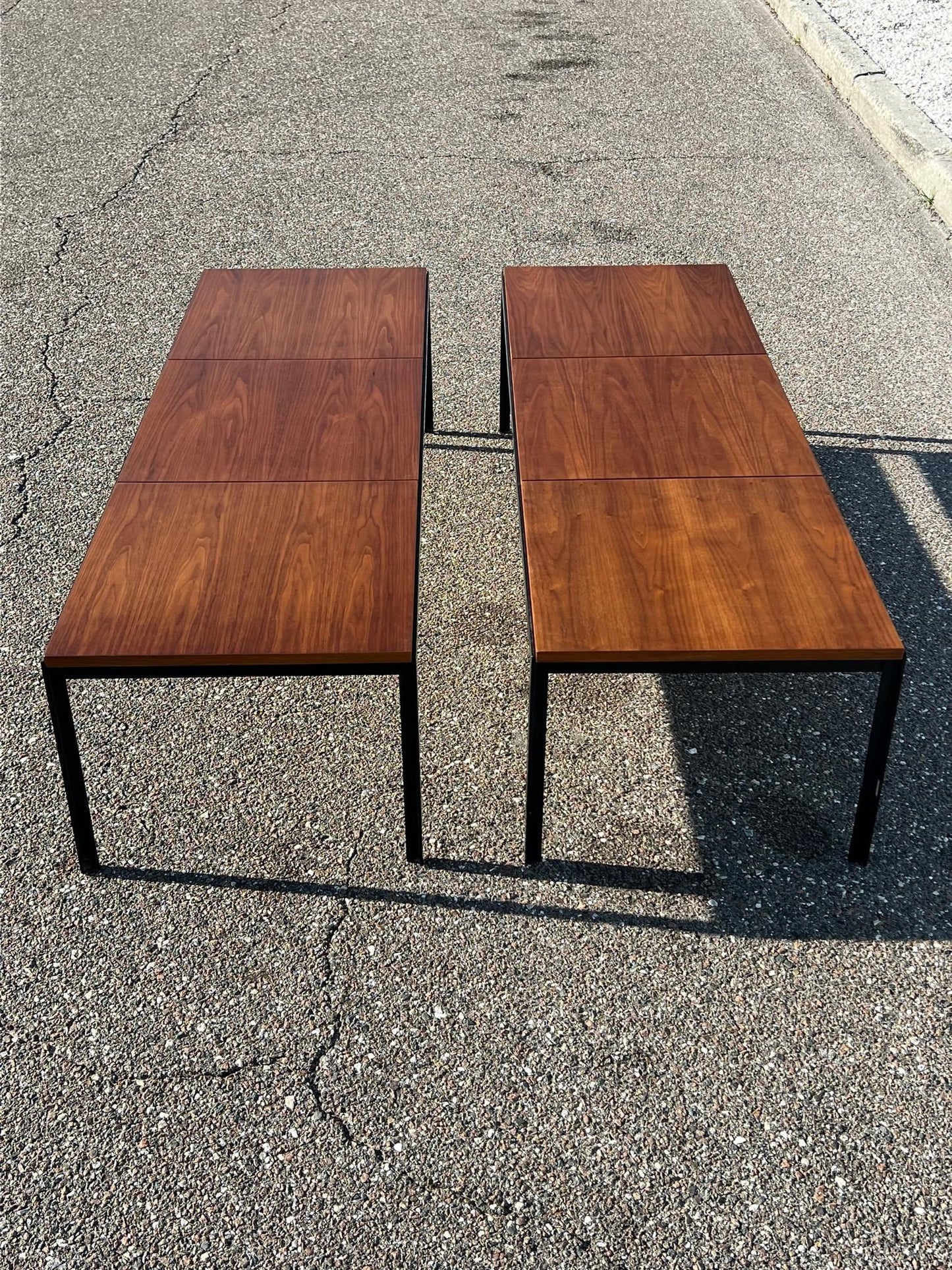 Frisman Vintage A Pair Of Florence Knoll Angle Iron Tables Or Benches In Walnut