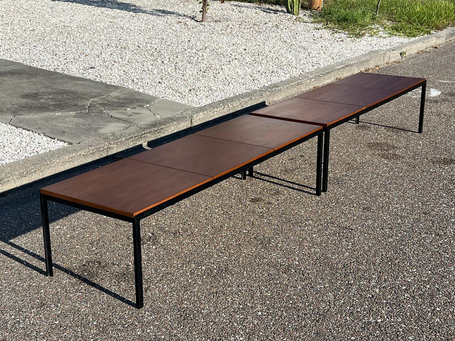 Frisman Vintage A Pair Of Florence Knoll Angle Iron Tables Or Benches In Walnut