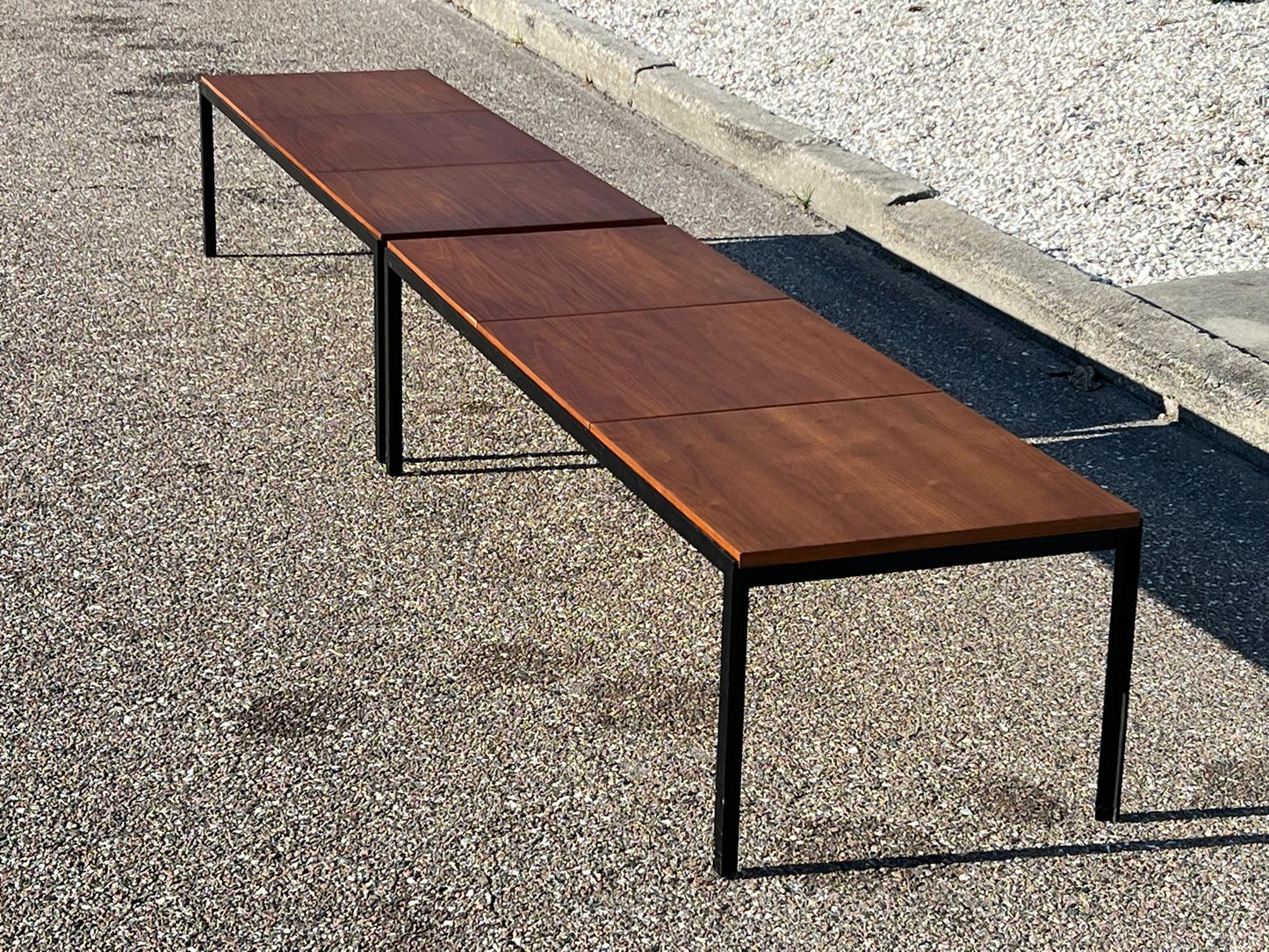 Frisman Vintage A Pair Of Florence Knoll Angle Iron Tables Or Benches In Walnut