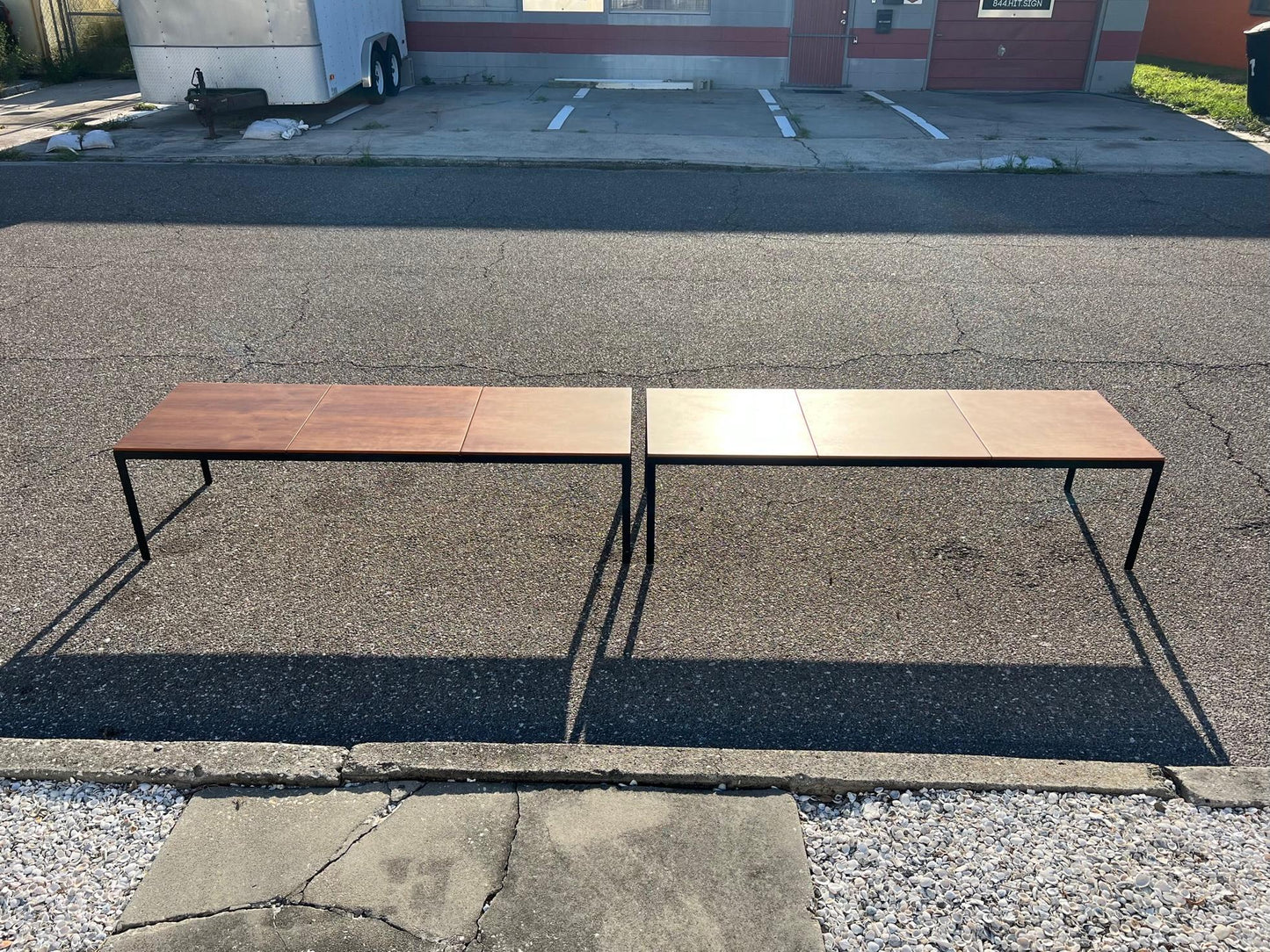 Frisman Vintage A Pair Of Florence Knoll Angle Iron Tables Or Benches In Walnut