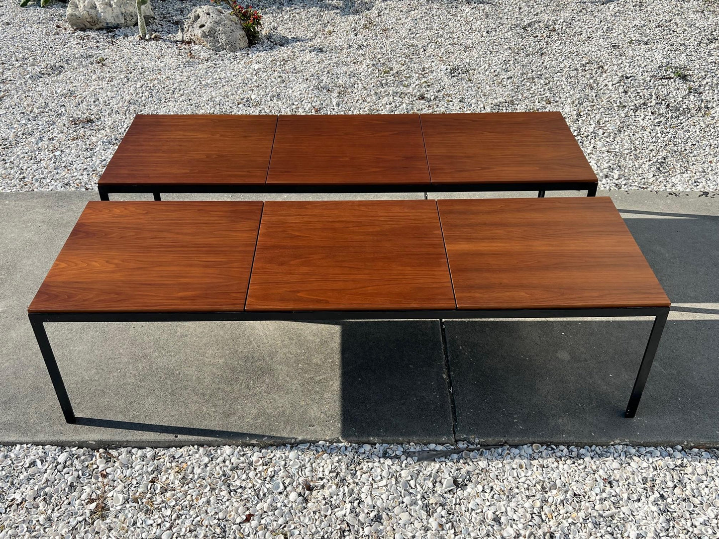 Frisman Vintage A Pair Of Florence Knoll Angle Iron Tables Or Benches In Walnut