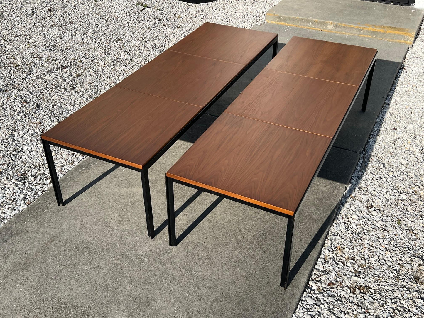 Frisman Vintage A Pair Of Florence Knoll Angle Iron Tables Or Benches In Walnut