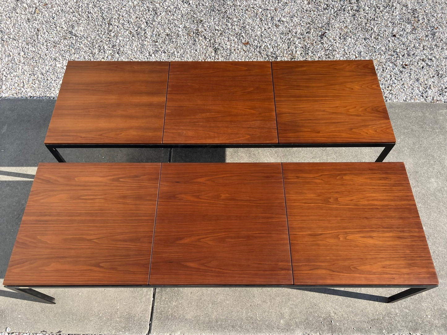 Frisman Vintage A Pair Of Florence Knoll Angle Iron Tables Or Benches In Walnut