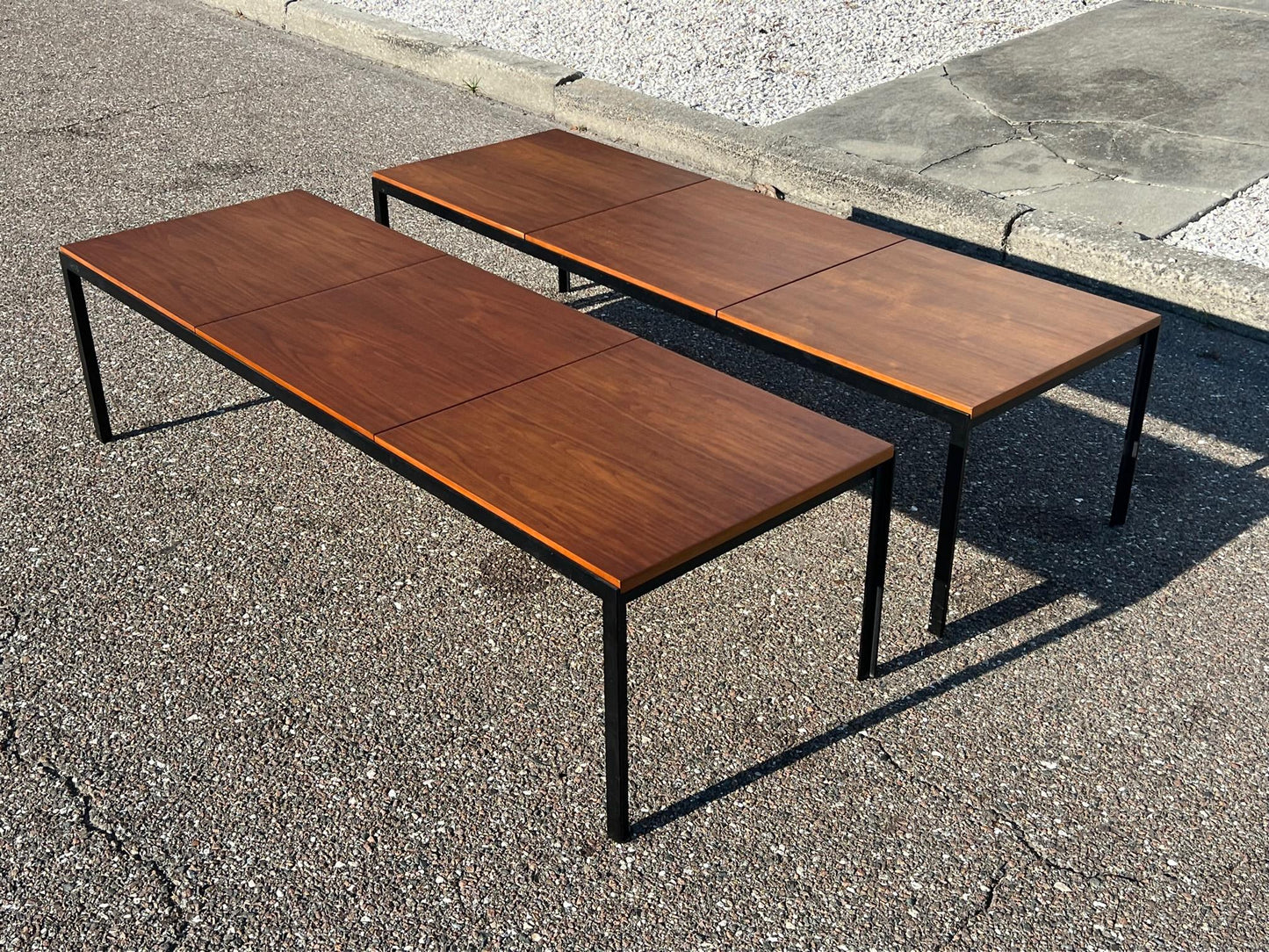 Frisman Vintage A Pair Of Florence Knoll Angle Iron Tables Or Benches In Walnut