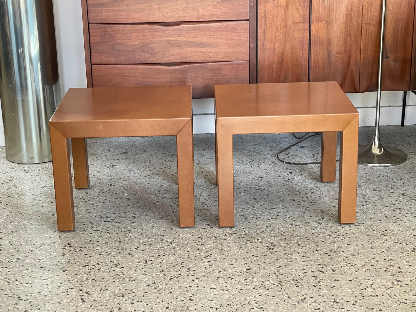 Frisman Vintage Pair of Parsons Leather Pedestal Tables