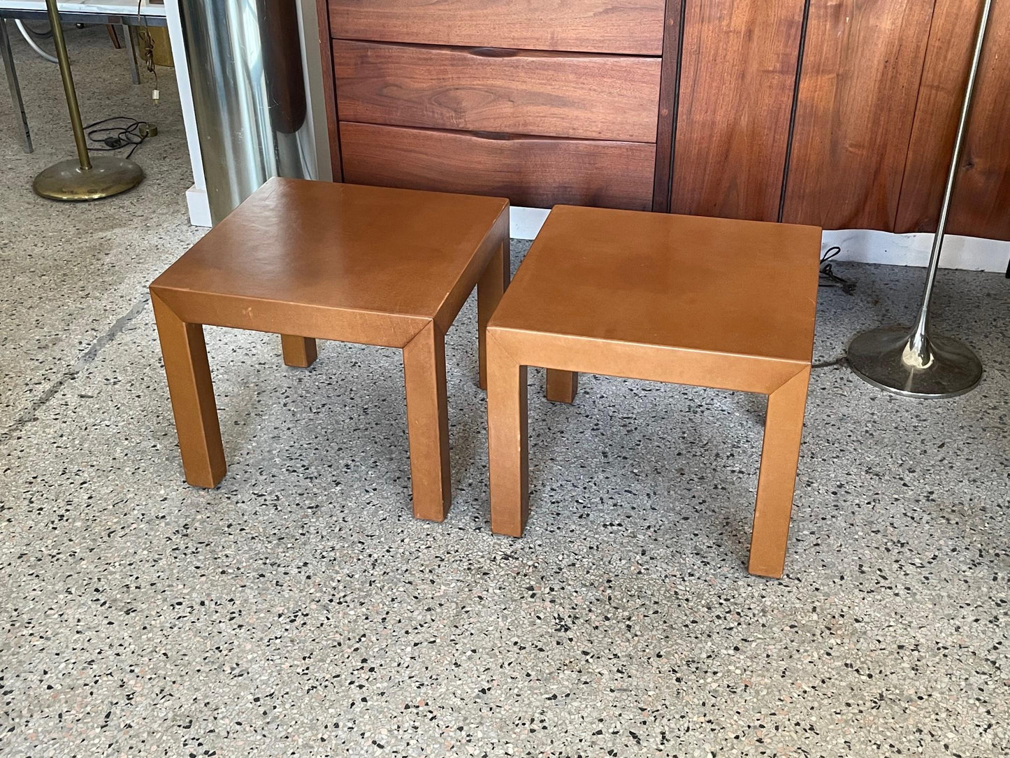 Frisman Vintage Pair of Parsons Leather Pedestal Tables