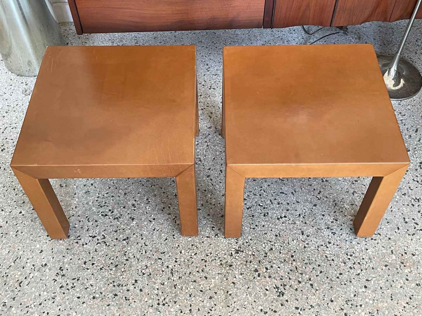 Frisman Vintage Pair of Parsons Leather Pedestal Tables