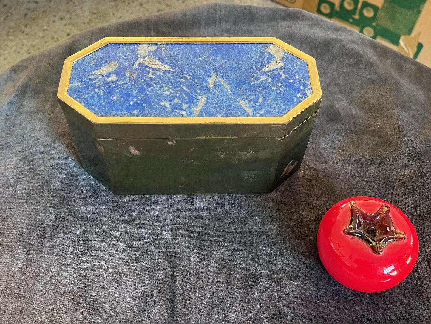 Frisman Vintage Unusual Italian Octagon Box in Brass and Lapis Lazuli