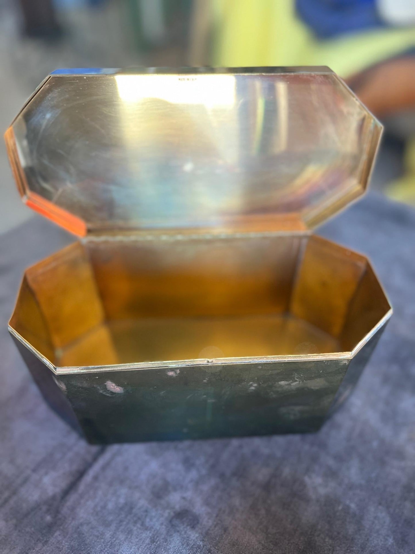 Frisman Vintage Unusual Italian Octagon Box in Brass and Lapis Lazuli