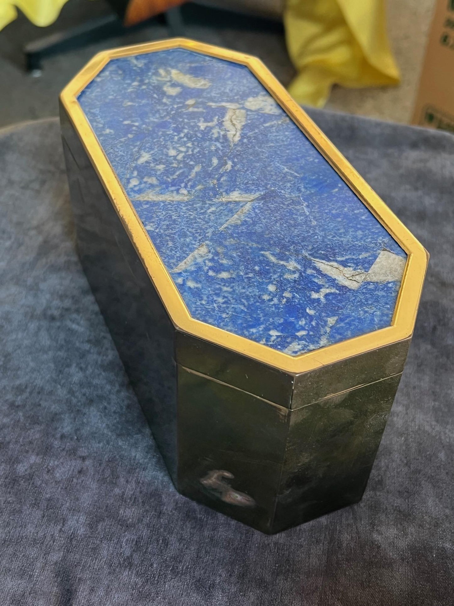Frisman Vintage Unusual Italian Octagon Box in Brass and Lapis Lazuli