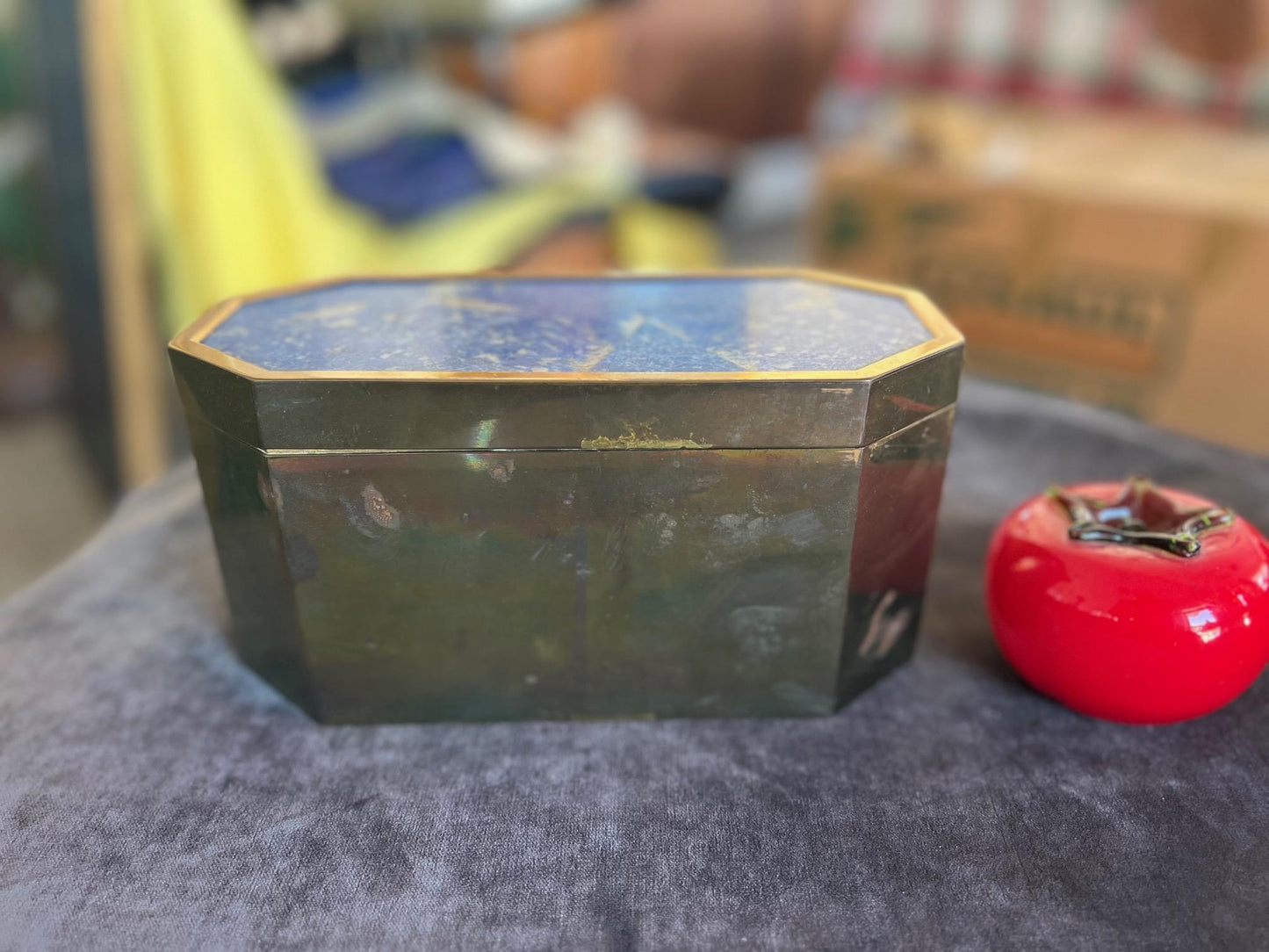 Frisman Vintage Unusual Italian Octagon Box in Brass and Lapis Lazuli