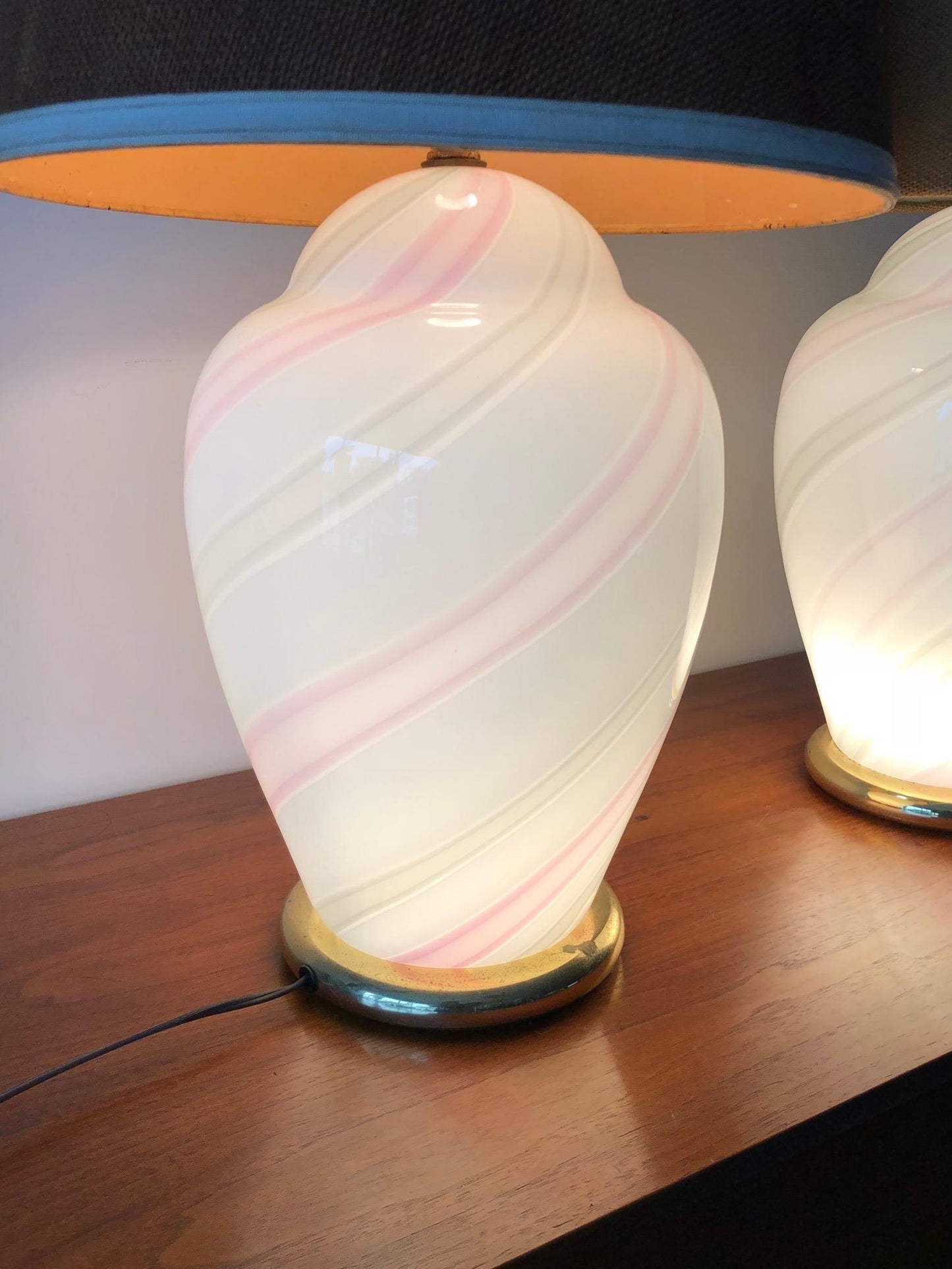 Frisman Vintage Murano White and Pink Striped Glass Lamps