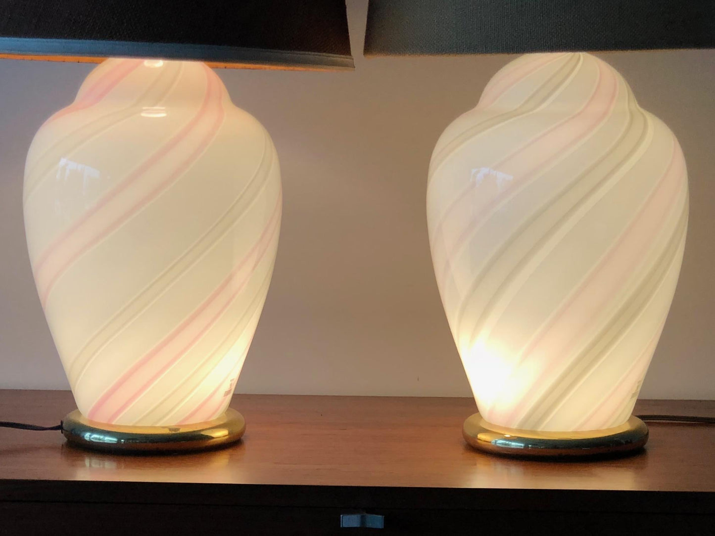 Frisman Vintage Murano White and Pink Striped Glass Lamps