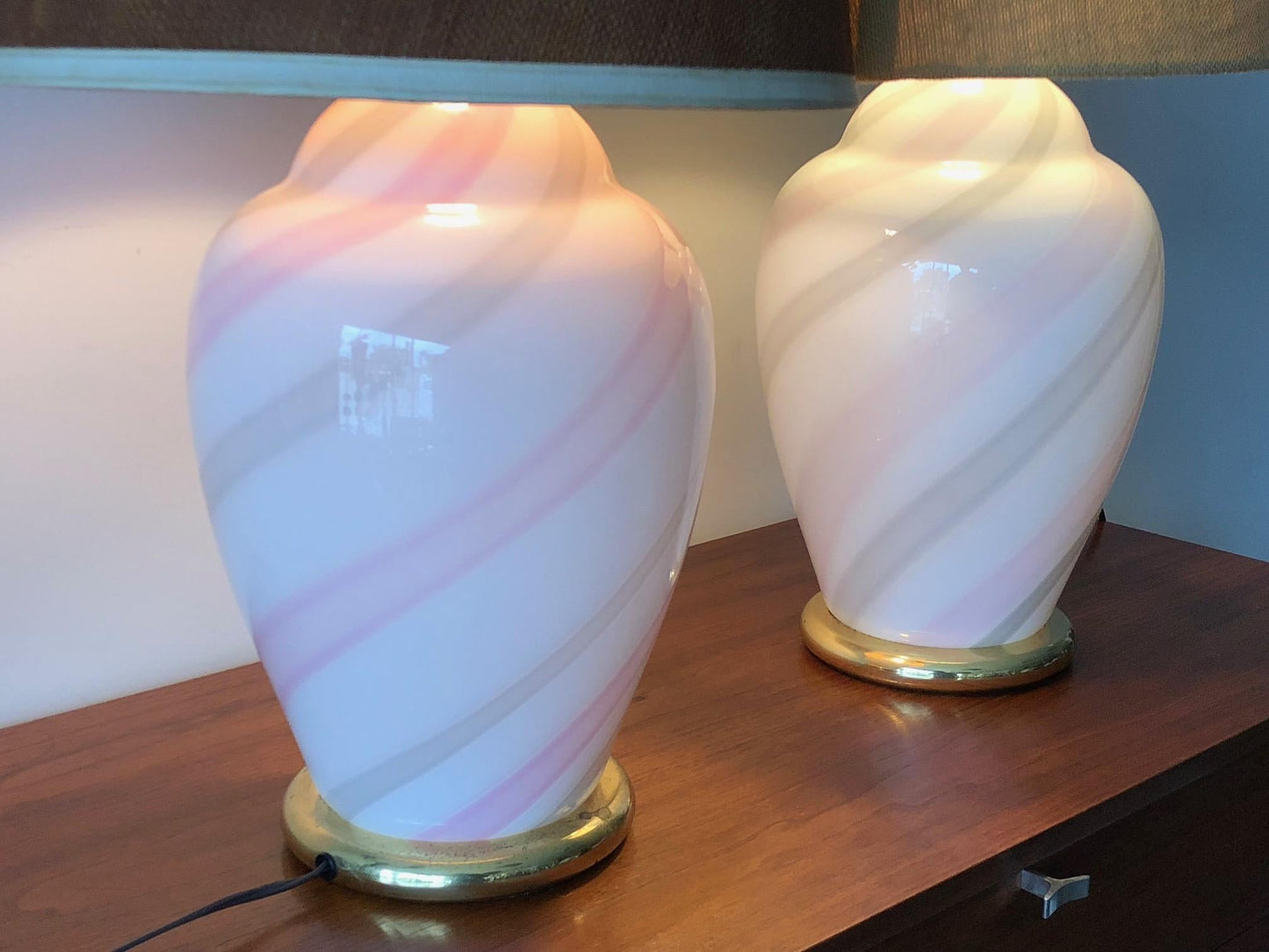 Frisman Vintage Murano White and Pink Striped Glass Lamps