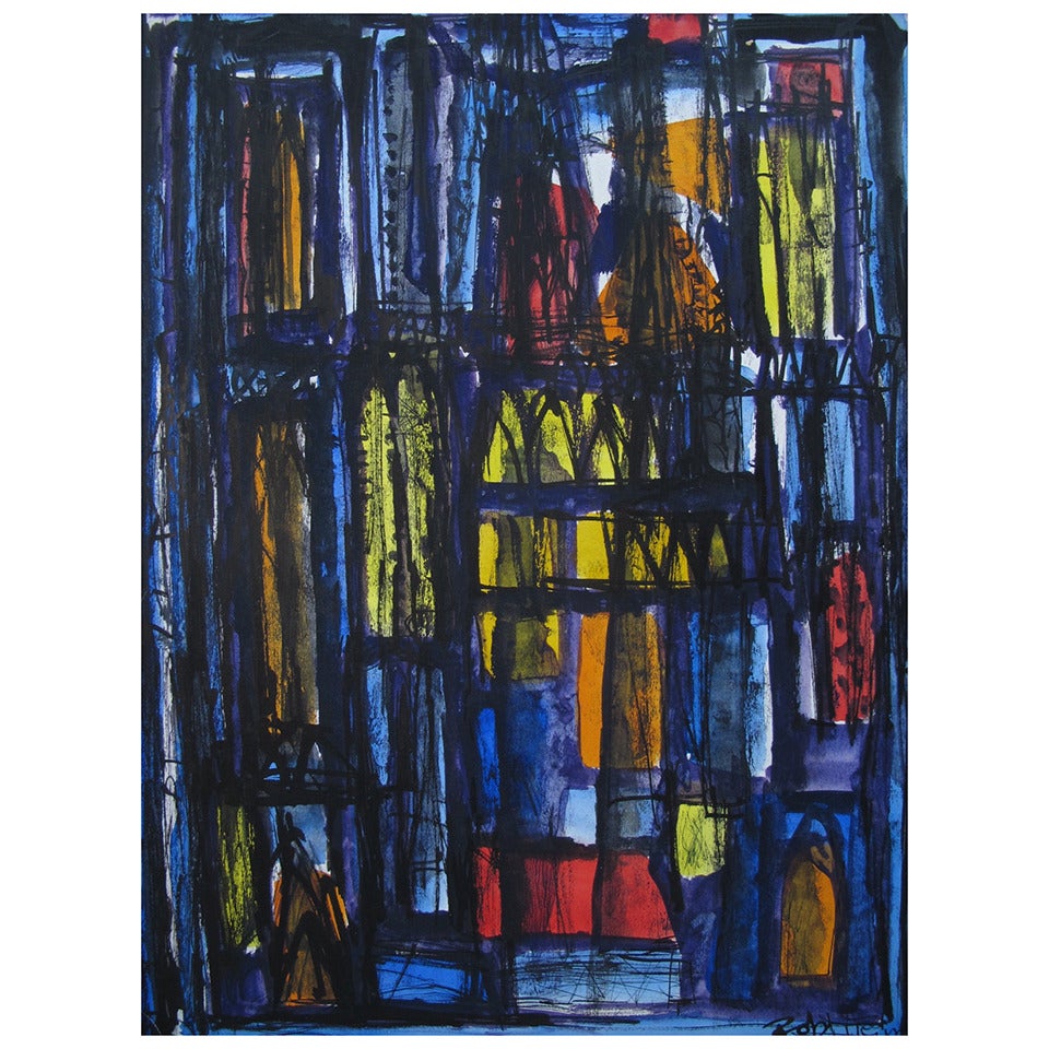 Frisman Vintage A Robert Freiman Gouache on Paper "Cathedrale" 1961