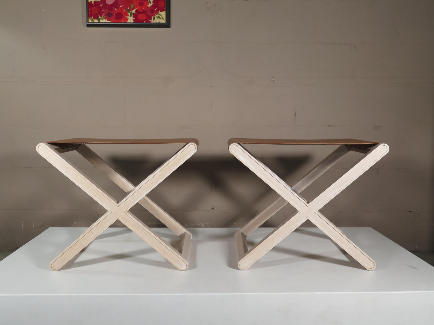 Frisman Vintage Oak Stools with Stitched Leather Tops