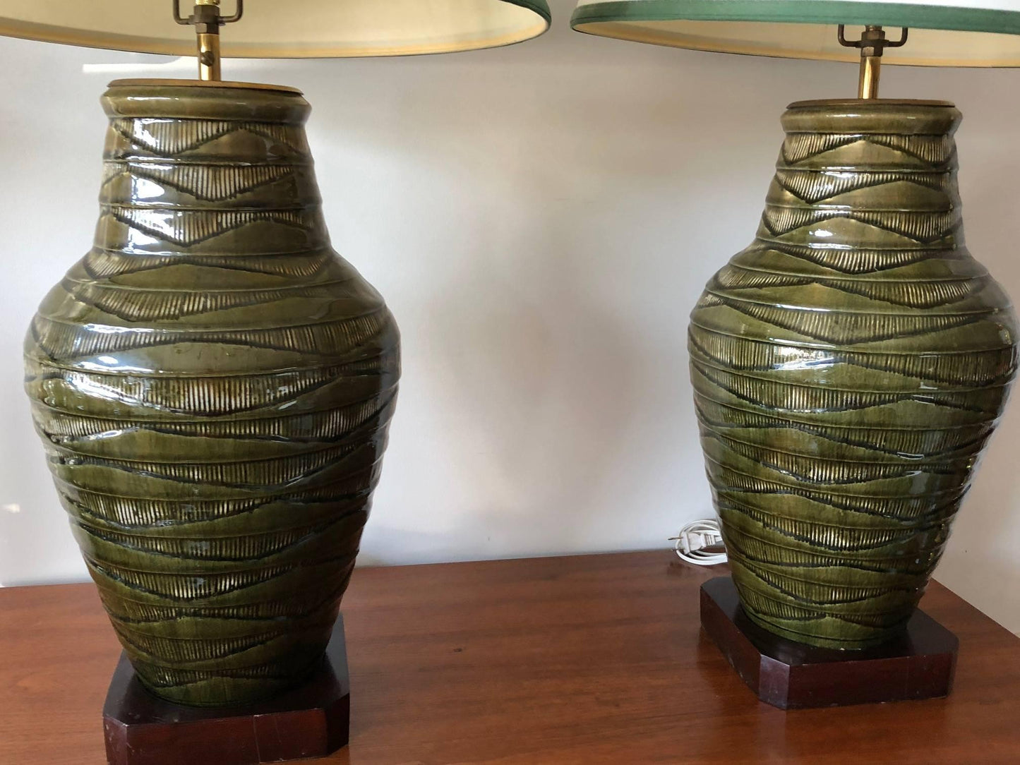 Frisman Vintage Pair of Impressive Thai Celadon Green Porcelain Crackle Lamps