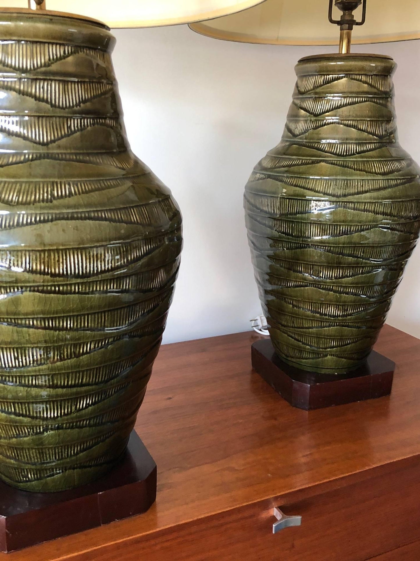 Frisman Vintage Pair of Impressive Thai Celadon Green Porcelain Crackle Lamps