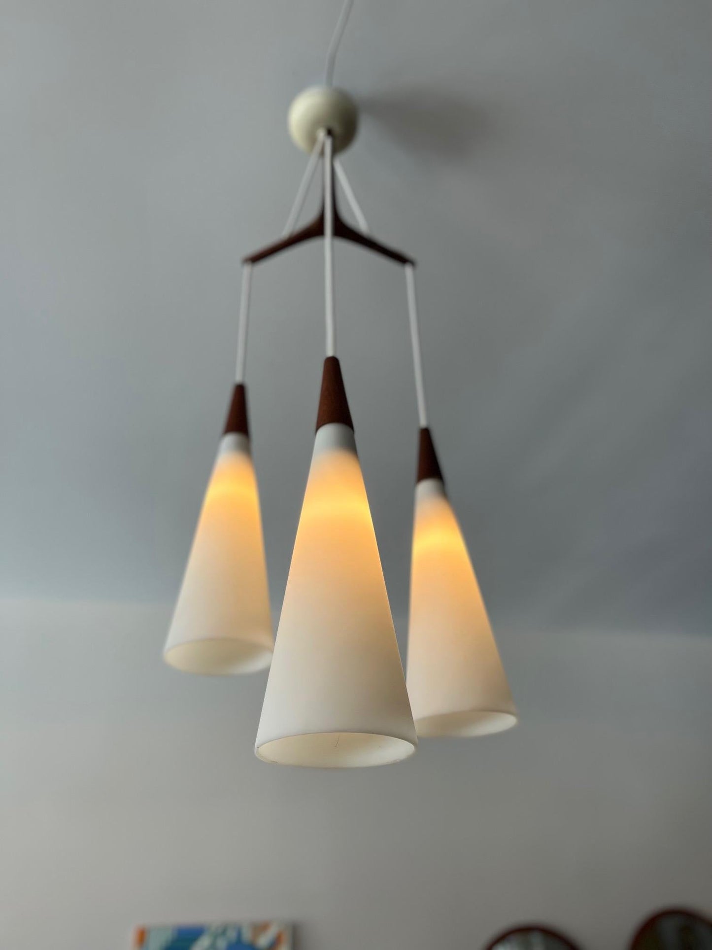 Frisman Vintage Danish Modern Chandelier Teak And Opaline Glass